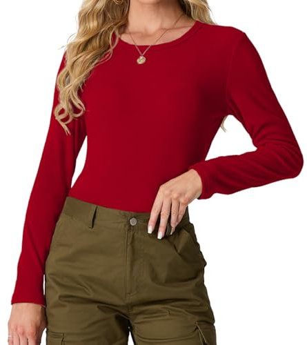 IWOLLENCE Basic Tops Women Ribbed Knit Round Neck Long Sleeve T Shirts Women Basic T-Shirt Y2k Slim fit Tee Tops (Red, L)