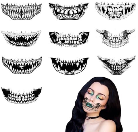 YEJAHY 10 Pack Halloween Face Tattoos, Horror Accessory, Halloween Costume Horror Decoration for Women, Kids, Men, Adult Tattoo Stickers, Halloween Makeup
