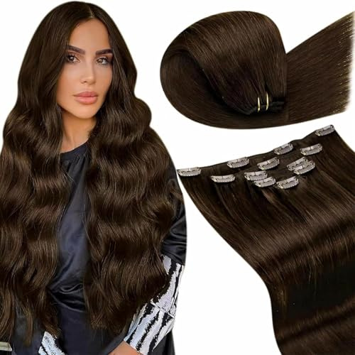 LaaVoo Clip in Extensions Echthaar Braun Extensions Clip in Echthaar Doppelt Tressen Schokolade Braun Haarverlängerung Echthaar Extensions Clips #4 5 Stück 80g 35 cm
