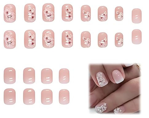 BIRLOZA 24 Stück Weiß Eckig Nägel Zum Aufkleben Kurz mit Blumen Muster Gradient Pink Press on Nails Kunstnägel Fake Nails für Nails Art Square French Künstliche Nägel für Frauen