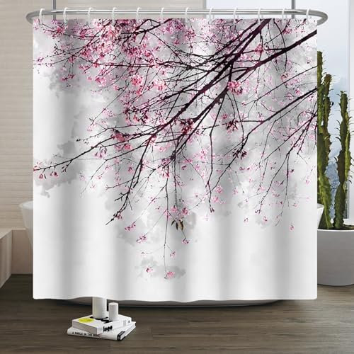Xiaoterna Rideau de Douche Printemps Rideau de Douche Fleurs de Cerisier Prunier Rouge Peinture à l'encre de Chine Orientale Rideau de Douche Tissu imperméable et Lavable en Machine 180x180cm