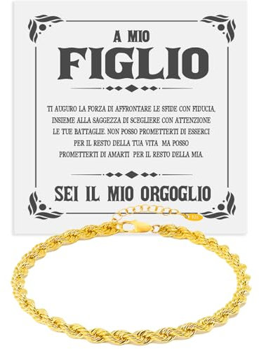 Bracciale Uomo Corda Finitura Oro18k in Argento Sterling 925 A mio Figlio Idea regalo compleanno - Idee Regali per lui Natale Anniversario - Cofanetto con DEDICA incluso (Figlio - Bracciale Corda Oro)
