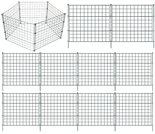 ISOISL Metall Teichzaun Gartenzaun – 10-teiliger Flachform Steckzaun mit 12 Befestigungsstäben für Teich, Gartenabgrenzung und Freigehege (Grün, Gerade)