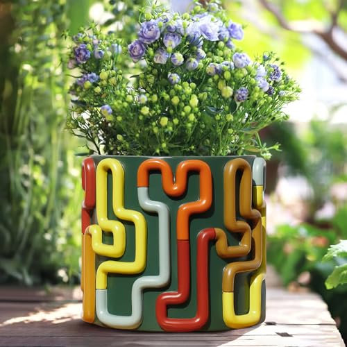 AmiCera Blumentopf mit Farbenfrohen Kringellinien, Süßer Einzigartiger Übertopf mit Drainage, Vintage Übertöpfe für Zimmerpflanzen, Eklektischer Sukkulenten Gartentopf für Modernes Boho Dekor, Grün