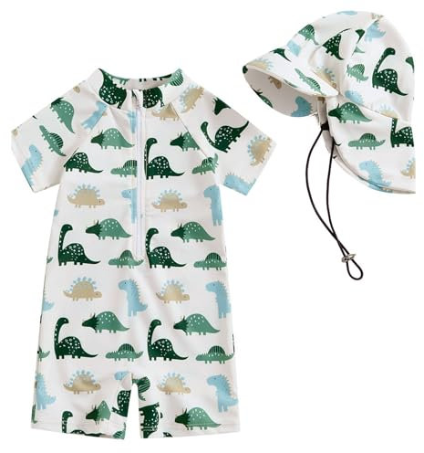 WYTbaby Badeanzug Baby Uv Kleidung Einteiler Kurzärmel Uv Schutzkleidung für Baby Junge Mit Sonnenhut,1-2 Jahre