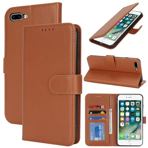 Zouzt Case for iPhone 8 Plus / 7 Plus (5.5 Inch), Premium PU Leather Wallet Case with Credit Card Holder Slot Flip Folio Kickstand Shockproof Protective Phone Cover (Light Brown)