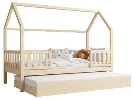 Profiwood Kinderbett mit Bettkasten 100x200 cm aus Massivholz, skandinavischer Landhausstil, Natur, mit Rausfallschutz und Schublade