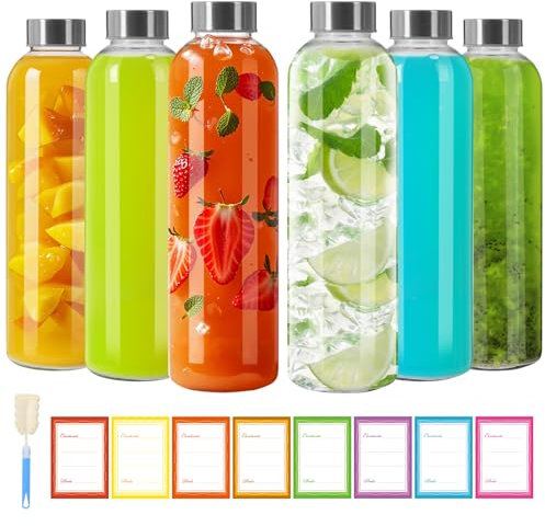 TOEKSIX Transparente Glaswasserflaschen mit auslaufsicheren Deckeln, 750 ml, Glasflasche zum Entsaften, wiederverwendbare Wasserflaschen mit luftdichten Edelstahlkappen für Arbeit, Fitnessstudio