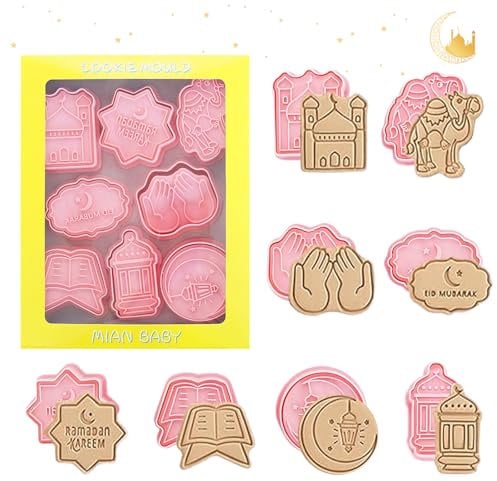 ARTGUTS 8pcs Eid Mubarak Cookie Cutters,Eid Mubarak 3D Set Cookie Cutter Cookie Moulds,Pressable Biscuit Cutters,Muslim Biscuit Fondant Cake Baking Cutters,for Cake Decoration Biscuits Baking