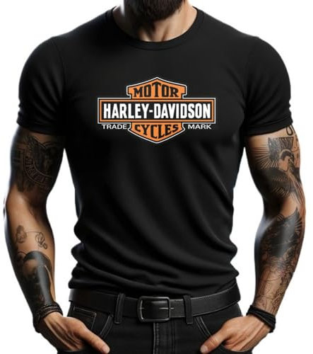 4people Maglietta nera Harley con logo classico arancione - stile casual per gli amanti del motociclo, Nero , S