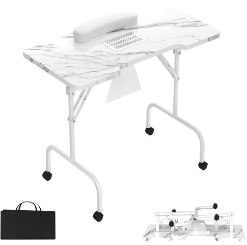 XINZI Maniküretisch Faltbar Nageltisch mit Absaugung 94x48x72cm Maniküre Tisch für Nagelstudio Beweglich Studiotisch mit Rollen Handkissen Schublade und Aufbewahrungstasche, Weiße Maserung