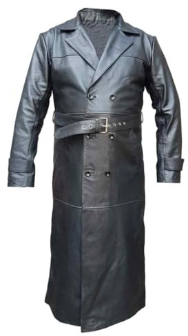 Mens Black Leather Trench Coat Double Breasted Full Length Duster Jacket (UK, Alpha, XS, Regular, Regular, Black)