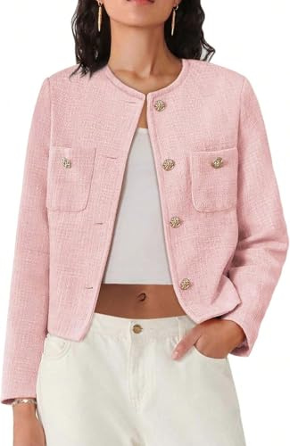 Juankrynord Giacca da lavoro in tweed corta casual con bottoni a maniche lunghe da Donna primavera 2025 manica lunga colletto rotondo arrotolato blazer casual con bottoni e tasche