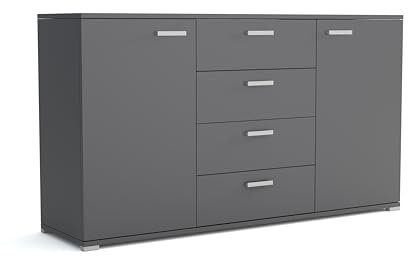 Brent - Kommode mit 4 Schubladen und 2 Turen 150 cm Breit Brixton, Sideboard für Wohnzimmer oder Schlafzimmer, Komodenschrank, Kommode Grau