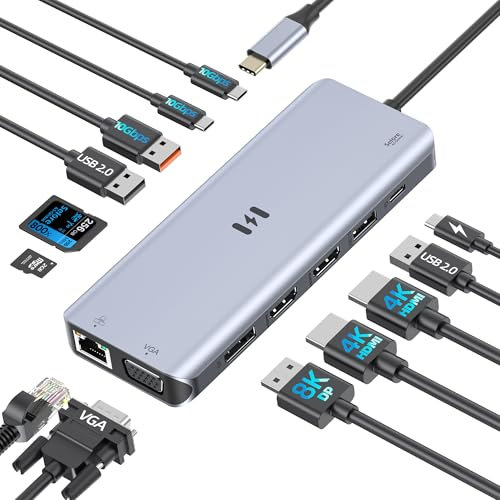 DockingStation USB C 4 monitor 13 in 1 Laptop Docking Station Quadruplo Monitor Dual HDMI DisplayPort VGA, 10Gbps USB A&C 3.1, 100W PD, Ethernet SD/TF, USB C Hub Multiport Adattatore per MacBook Dell