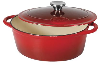 Sitram 717175 Cocotte ovale en fonte d'acier émaillée Tradifonte 6,5 Litres - L 33 cm - Extérieur rouge, intérieur blanc - bouchon en inox - toutes sources de chaleur y compris induction et four