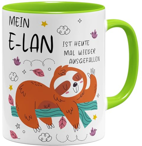 OM3® witzige Kaffee-Tasse mit Spruch - Mein E-Lan ist heute mal wieder ausgefallen - Morgenmuffel müdes Faultier Sloth - Keramik Becher - 325ml - Beidseitig Bedruckt - Hellgrün