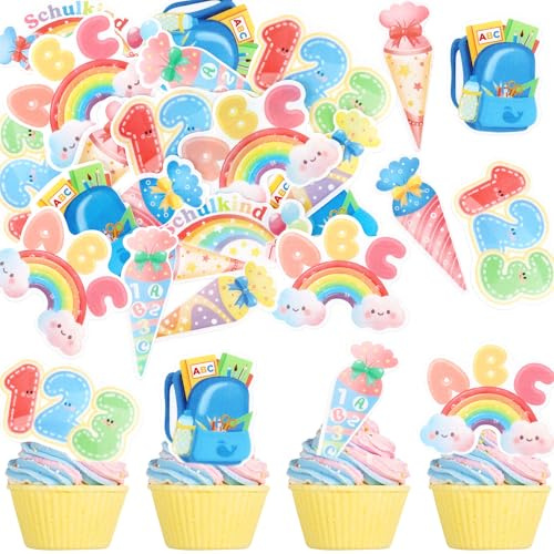 48Stk Essbare Schulanfang Kuchen Topper Schuleanmeldung Kuchen Dekorationen | Essbare Zurück zur Schule Kuchen Toppers ,Kindergarten Einschreibung Kuchen Dekoration,Schule Zuckertüte Torten Topper