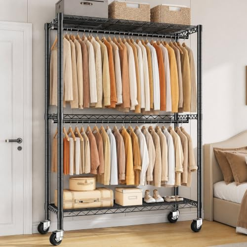 Klyvvo Höhenverstellbarer Kleiderständer auf Rollen mit 2 Kleiderstangen | 90 * 40 * 200cm, Höhe frei einstellbar,200KG Traglast, Kleiderständer mit verstellbare Ablageplatte für Kleidung,Schwarz