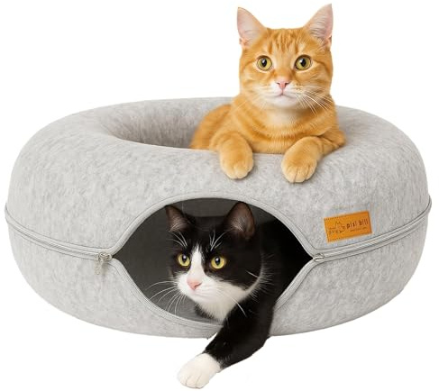 Katzentunnel aus Filz 60x60x28 Katzenbett flauschig rund Katzenhöhle Tunnel Donut Katzendonut Bett Spiele Katzen mit waschbarem Kissen Bezug Katzenkörbchen als Schlafplatz Kuschelbett - Grau
