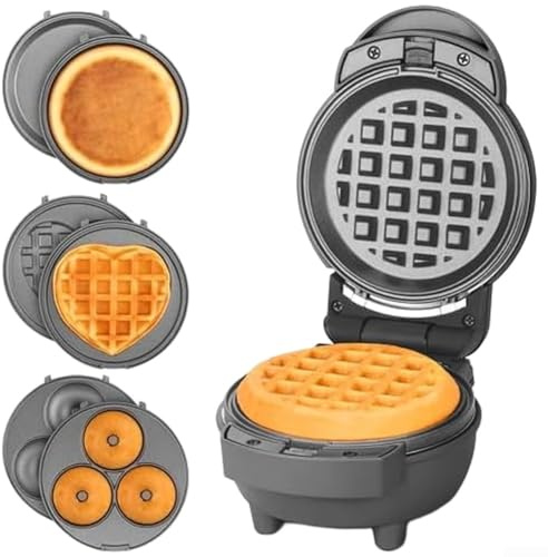 Mini macchina per waffle 4 in 1 con piastre antiaderenti rimovibili per fare waffle, pancake, ciambelle e panini al formaggio alla griglia, compatto e leggero (nero)