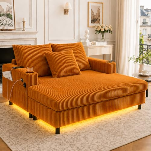 ZIDEY Chaiselongue Schlafsofa, Sofa mit LED & USB-C-Port & 2 Kissen & Getränkehaltern, Bettsofa, Für Wohnzimmer & Schlafzimmer, Senfgelb