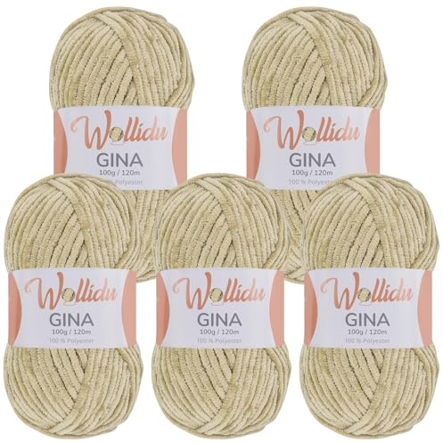 Wollidu Gina Chenille Wolle/Chenillegarn 5 × 100 g Set – 100% Polyester – je 120 m – Garnstärke 5 mm – zum Stricken & Häkeln – samtig-weiches Plüschgarn – Farbe Sandbeige
