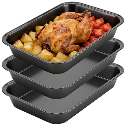 CHEUNGR 3 Pcs Non Stick Oven Baking Trays, 32x22x5.2cm Carbon Steel Deep Baking Trays Roasting Tin for Meat Vegetables Cakes