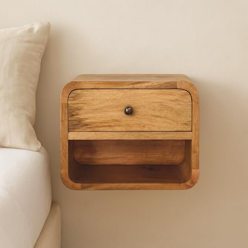 muenfly Platzsparender Schwebender Nachttisch mit Schublade - Massivholz Wandtisch für mehr Stauraum im Schlafzimmer
