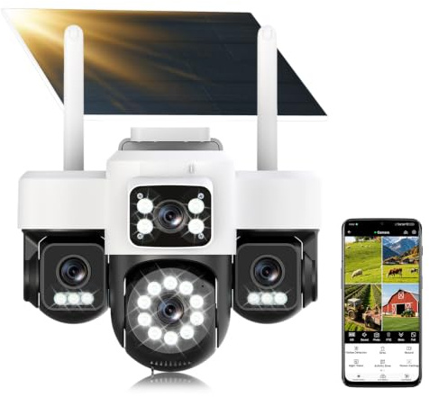 4G LTE Caméra Surveillance Solaire avec Carte Sim,4 objectifs,AOV 24/7,4K HD Caméra Extérieure sans Fil inclinable à 355°/90°, Solaire Caméra+Batterie,Vision Nocturne, Détection de Mouvement, IP66