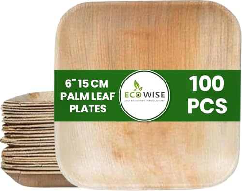 EcoWise 100 Palm Leaf Plates 6 Inch Square – Eco-Friendly Biodegradable Compostable Bamboo Plates, Disposable Dinner Party Plates for Hot & Cold Food, Picnic, Wedding & Events