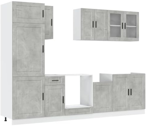 Heofavd 8-TLG. Küchenschrank-Set Kalmar, Moderne Küchenzeile in Beton-Optik, Küchenblock mit Unterschränken, Hängeschränken und Glasschrank aus Holzwerkstoff, Grau