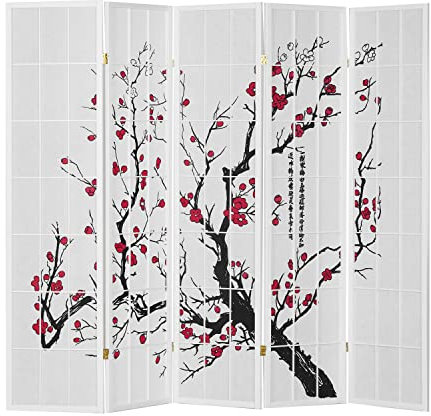 Homestyle4u Paravent 5 teilig Weiß Raumteiler Holz Shoji Reispapier Kirschblüten Shoji