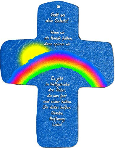 Kleines Holzkreuz zum Aufhängen umweltfreundlichem Holzverbundstoff OekoWood, Motiv: Regenbogen, Hoffnung, Glaube, Liebe, Ich bin die Auferstehung und das Leben, Geschenk zur Kommunion, Konfirmation oder Taufe