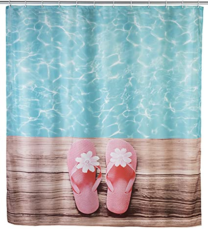 WENKO Duschvorhang Hawaii - waschbar, mit 12 Duschvorhangringen, Polyester, 180 x 200 cm, Mehrfarbig