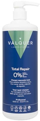 Valquer Champú Total Repair Zero. Repara, Suaviza e Hidrata el Cabello Dañado y Seco. Hidratación Intensa y Nutritiva. Con Caviar Verde, Panthenol, Vitamina E y Cápsulas de Algodón. Vegano. 1 L.