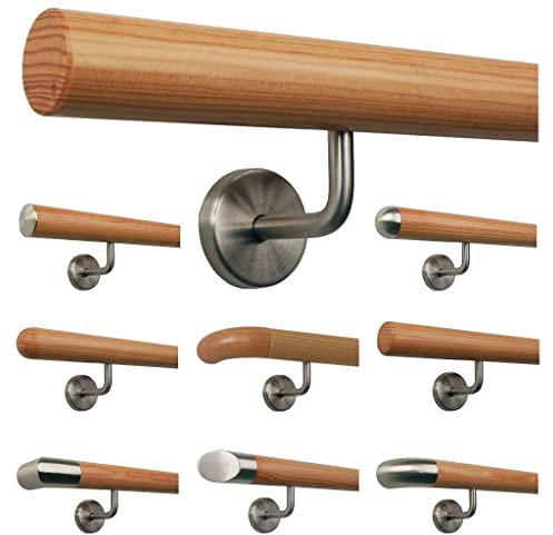 Lärche Holz Treppe Handlauf Geländer Griff gewinkelte Edelstahlhalter, Länge 30-500 cm aus einem Stück/Variante:50 cm mit 2 Halter - Enden: gefast