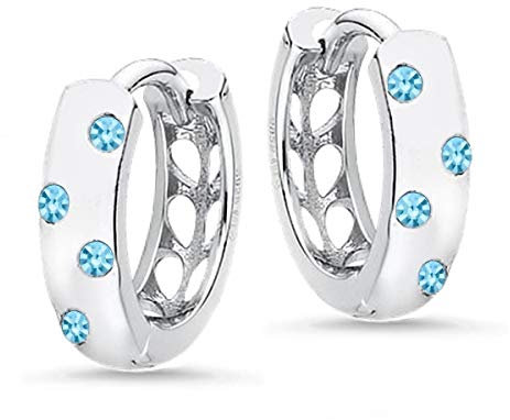 13mm Klapp-Creolen aus 925 Echt Silber rhodiniert mit Cubic Zirkonia Baby Mädchen Kinder Ohrringe CR05 ((2). Hellblau)