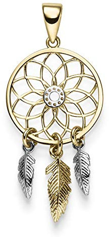 Anhänger Traumfänger 14x31,5mm Kreis mit Blumen-Muster & Federn 585 Gold bicolor