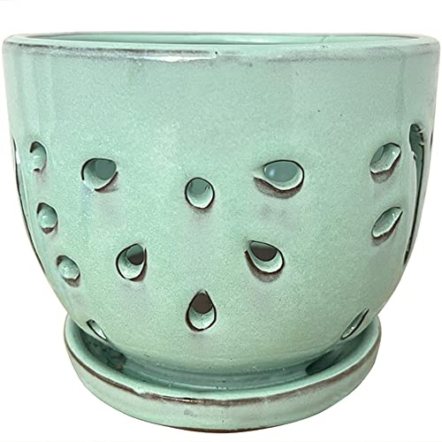 Better-way Orchid Pots with Holes Round Ceramic Flower Container Succulent Plant Planter Butterfly Pot Saucer Windowsill Contemporary Home Decoration (6 Inch, Light Green)