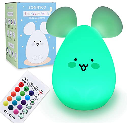 BONNYCO Nachtlicht Kinder mit Fernbedienung und Berührungssensor 16 Farben Maus Nachtlicht Baby mit Timer | Nachttischlampe Kinder Silikon 100% BPA-Frei | Nachtlampe Kinderzimmer Geschenke Baby