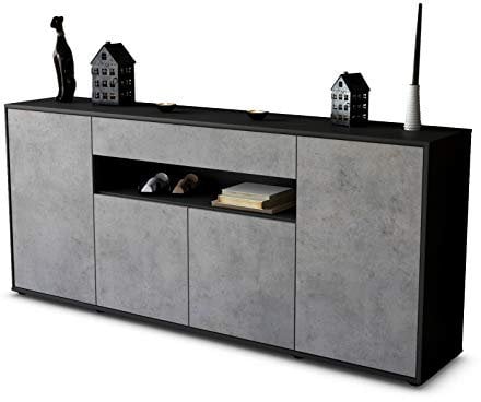 Stil.Zeit Sideboard Fiorella, Korpus anthrazit matt, Front Industrie-Design Beton (180x79x35cm) Push-to-Open Technik & Leichtlaufschienen