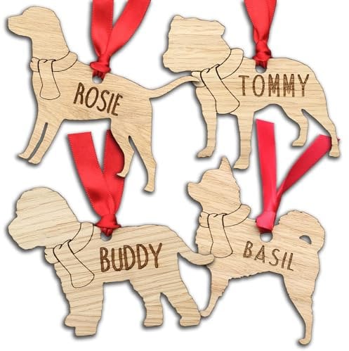 My Pretty Little Gifts Personalised Oak Wooden Dog Bauble Decoration - Christmas Tree gift present - Various Animal Pet Breeds