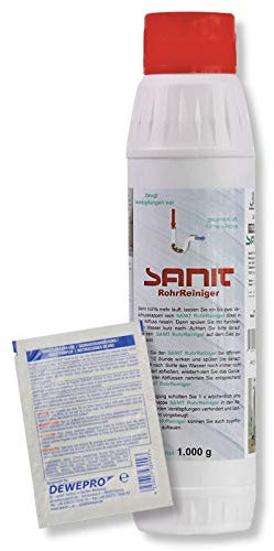 DEWEPRO-Set: SANIT RohrReiniger (3061) - Flasche à 1000g - Granulat-Rohrreiniger zur selbsttätigen Beseitigung von Verstopfungen in Rohren und Siphons, inkl. 1 St. DEWEPRO® Single Scrubs
