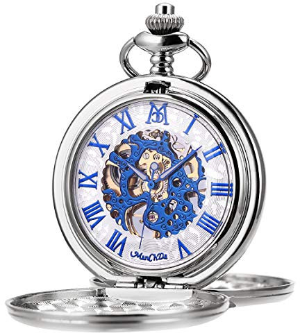 ManChDa Mechanische römische Ziffern Zifferblatt Skelett Taschenuhr mit Box und Ketten für Herren und Damen Small silber, blau