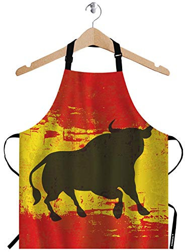 WONDERTIFY Spanische Bullenschürze, Spanien Matador Toro Toreador-Form auf Grunge-Flagge, rot-gelb, Latzschürze mit verstellbarem Hals für Männer und Frauen, Backen, Grillschürze
