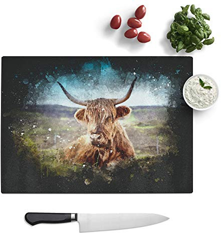 Glass Chopping Board - A Resting Highland Cow Paint Splash - Textured Worktop Saver Cutting Board - Heat Resistant, Shatterproof and Hygenic - 39 x 28.5 cm