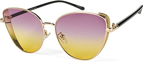 styleBREAKER Damen Cateye Sonnenbrille mit Glitzer Element, Metall Rahmen und Polycarbonat Gläser, Katzenaugen Form, Retro Look 09020104, Farbe:Gestell Gold/Glas Violett-Gelb Verlauf