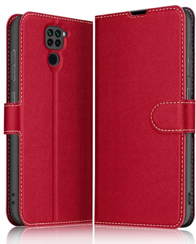ELESNOW Cover per Xiaomi Redmi Note 9, Flip Wallet Case Custodia in Pelle PU Premium, Slot per Schede, con Magnetica a Scatto per Xiaomi Redmi Note 9 (Rosso)