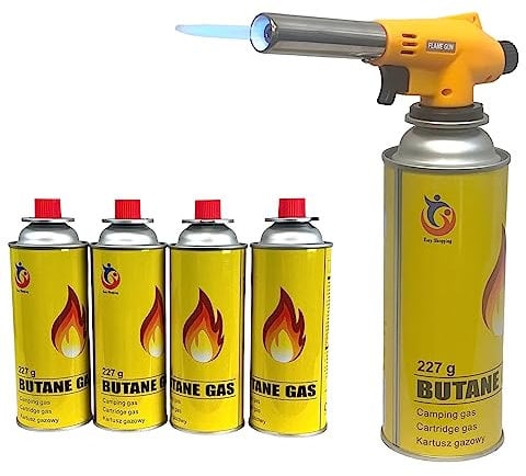 Blow Torch Head Butane Weed Burner Auto Ignition Welding Gas Flamethrower for Cooking, Catering Culinary, Blower Crafts, Camping BBQ & Fire Starter (Torch Head+4 Canisters)